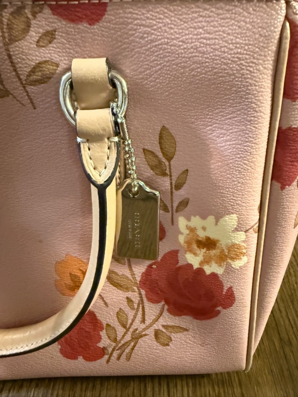 Coach Pink Floral Leather Satchel with Red & Yellow Blooms - Picture 4 of 10
